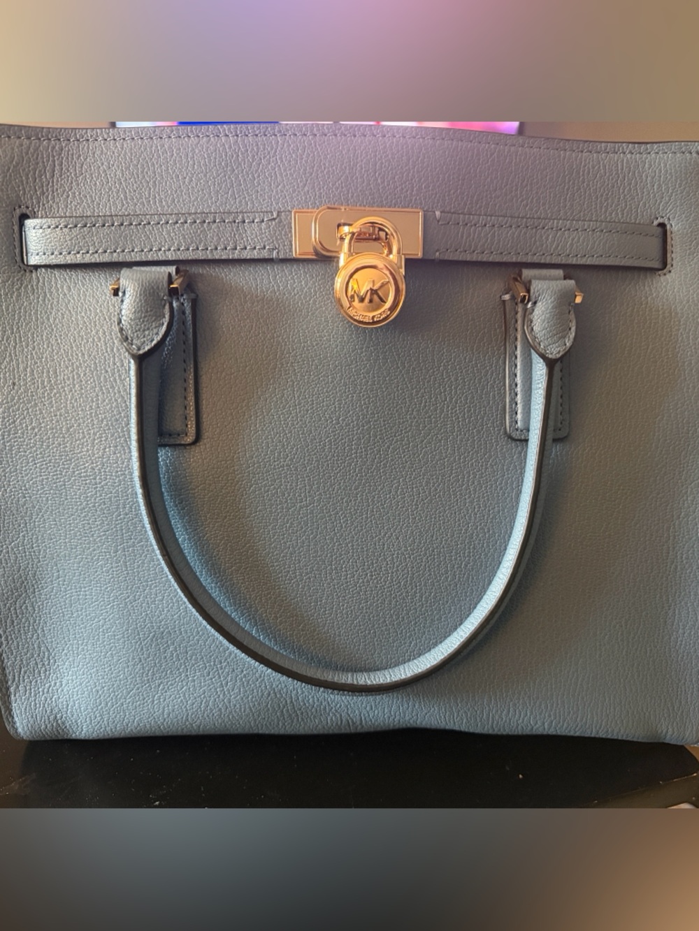 Michael Kors Navy Leather Satchel with Gold Hardware
